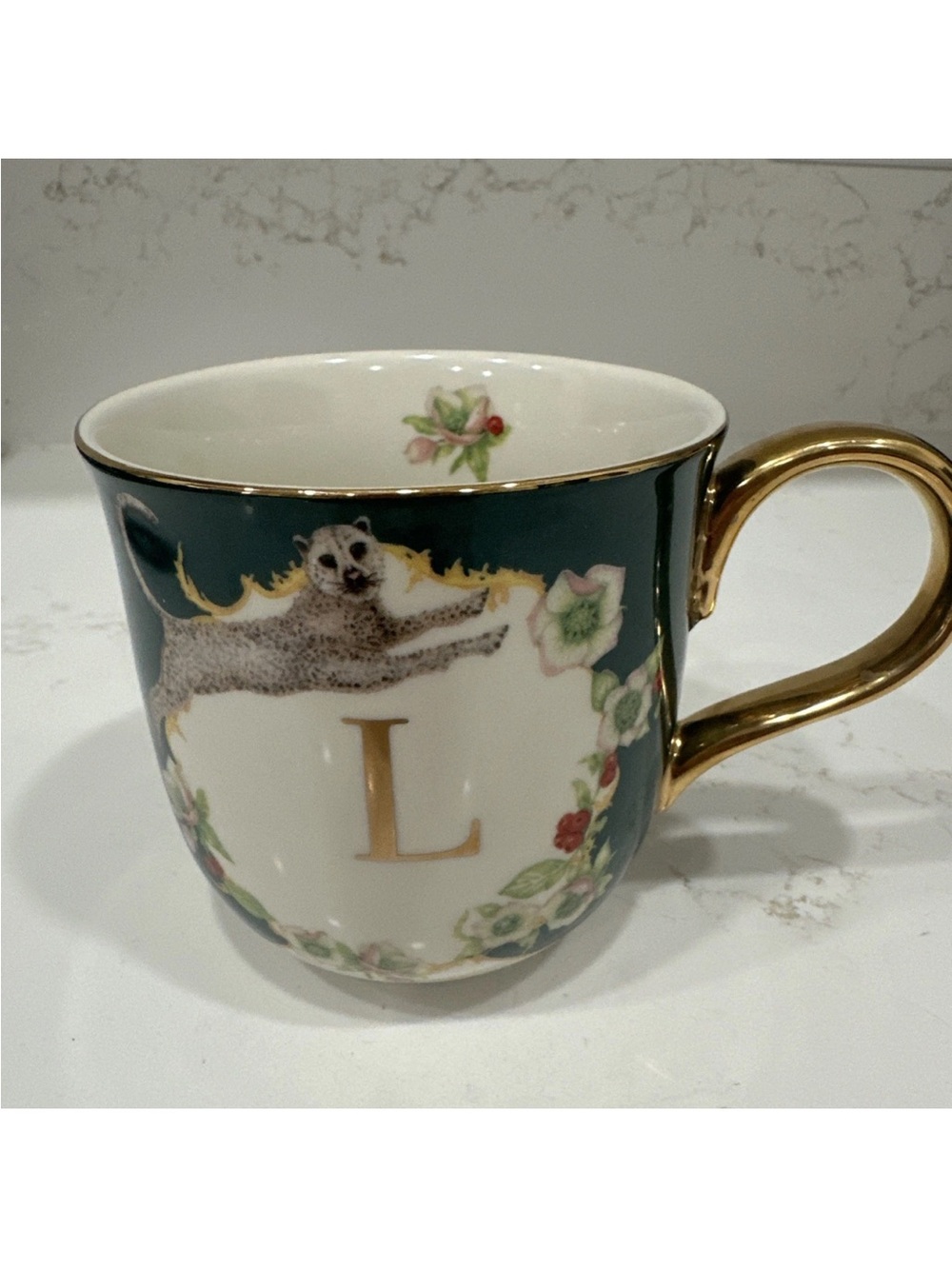 Lou Rota Anthropologie Initial L Leopard & Floral Mug Gold Handle Coffee Tea